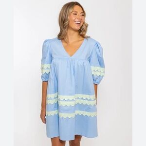 Karlie Solid V-Neck Scallop Puff Sleeve Dress